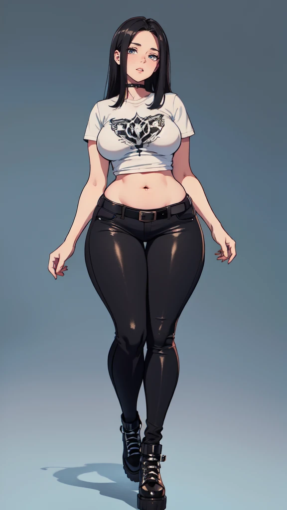 blank background, (((full body))), (masterpiece), ((best quality)), ((tall girl)), straight hair (curvy:1.5), (punk girl), shoes, belt below navel, black hair, wide hips, (black jeans), (short sleeves), arm tattoo