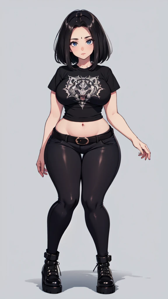 blank background, (((full body))), (masterpiece), ((best quality)), ((tall girl)), straight hair (curvy:1.5), (punk girl), shoes, belt below navel, black hair, wide hips, (black jeans), (short sleeves), arm tattoo