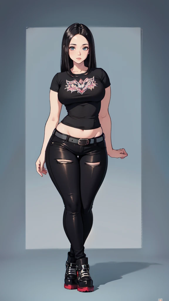 blank background, (((full body))), (masterpiece), ((best quality)), ((tall girl)), straight hair (curvy:1.5), (punk girl), shoes, belt below navel, black hair, wide hips, (black jeans), (short sleeves), arm tattoo