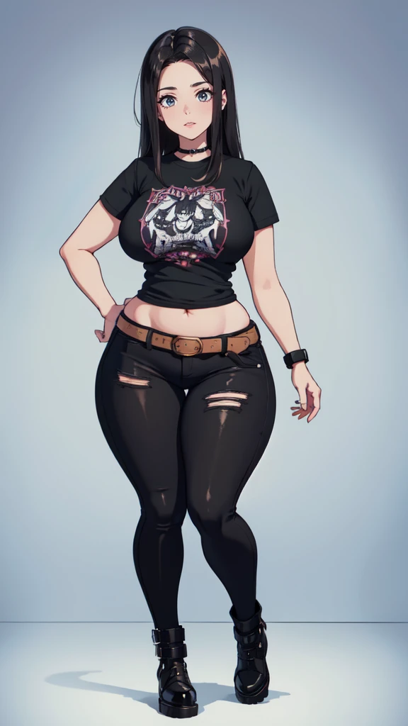 blank background, (((full body))), (masterpiece), ((best quality)), ((tall girl)), straight hair (curvy:1.5), (punk girl), shoes, belt below navel, black hair, wide hips, (black jeans), (short sleeves), arm tattoo