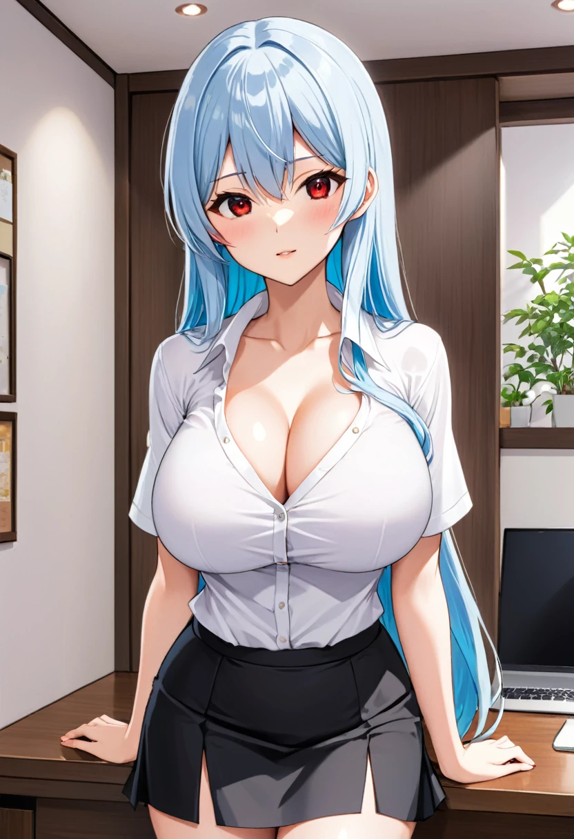 My name is Yukiko.I am a white test woman with long light blue hair,red eye color.I am 1.62 cm tall . My breasts measure 200 cm, my waist 40 cm and my hips 200 cm. Dressed in a low-cut white shirt and a tight black skirt . With big breasts 200 cm