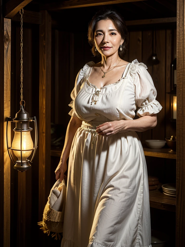 (masterpiece:1.4),(Beautiful 62 year old woman:1.5),(Facial wrinkles : 1.2),(traditional dirndl : 1.2), (plump body : 1), white skin, pores, skin blemishes, dull skin, gentle smile, wavy hair, large saggy breasts, (hanging breasts), limp breasts, soft breasts, flabby breasts, flexible breasts, necklace, earrings, in a shed, detailed backgrounds, night time, lamp is the only light-source