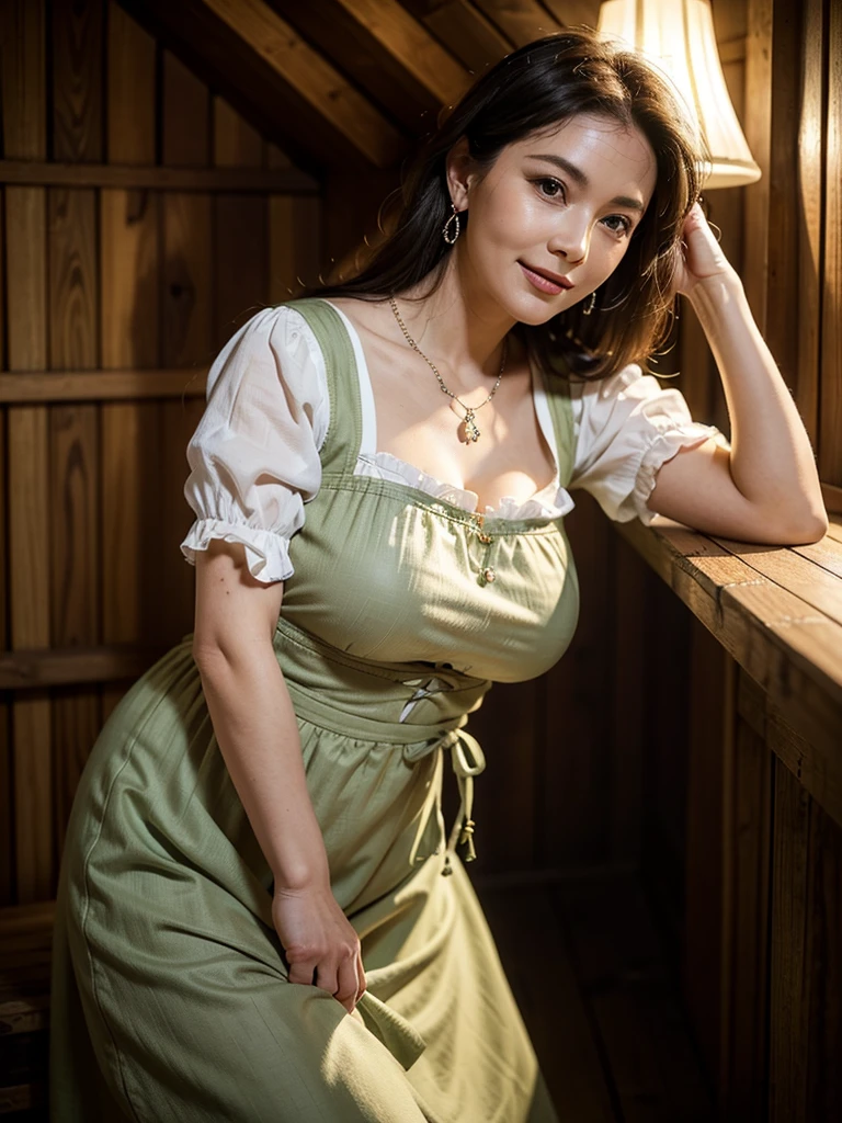 (masterpiece:1.4),(Beautiful 62 year old woman:1.5),(Facial wrinkles : 1.2),(traditional dirndl : 1.2), (plump body : 1), white skin, pores, skin blemishes, dull skin, gentle smile, wavy hair, large saggy breasts, (hanging breasts), limp breasts, soft breasts, flabby breasts, flexible breasts, necklace, earrings, in a shed, detailed backgrounds, night time, lamp is the only light-source