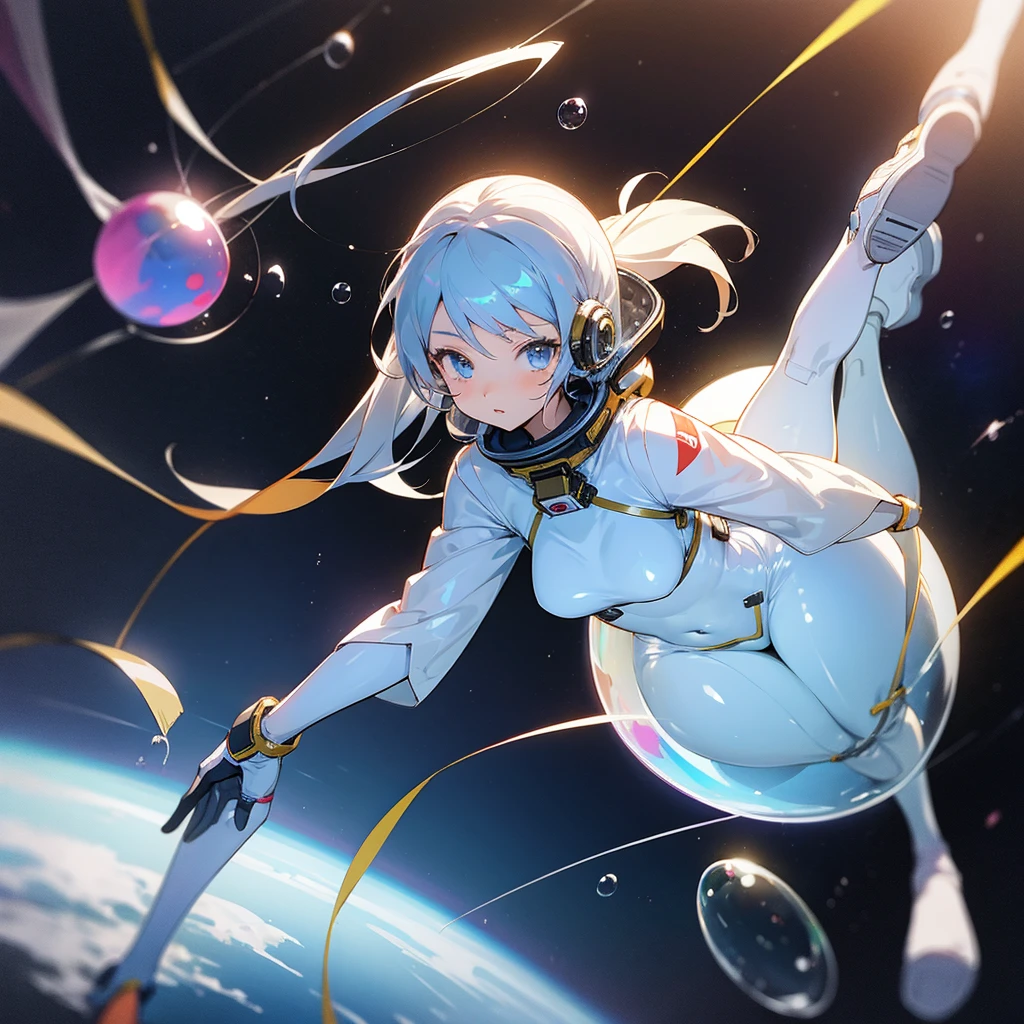 Female anime girl in space wearing a glass bubble helmet and a rubber bodysuit.