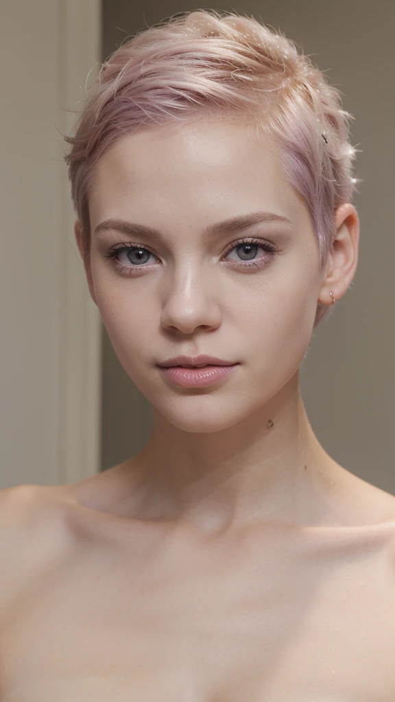 White woman, Albine women, albinism, short hair, purple eyes, slim, pink lips, hair up to the neck, beautiful woman, Pretty Woman 