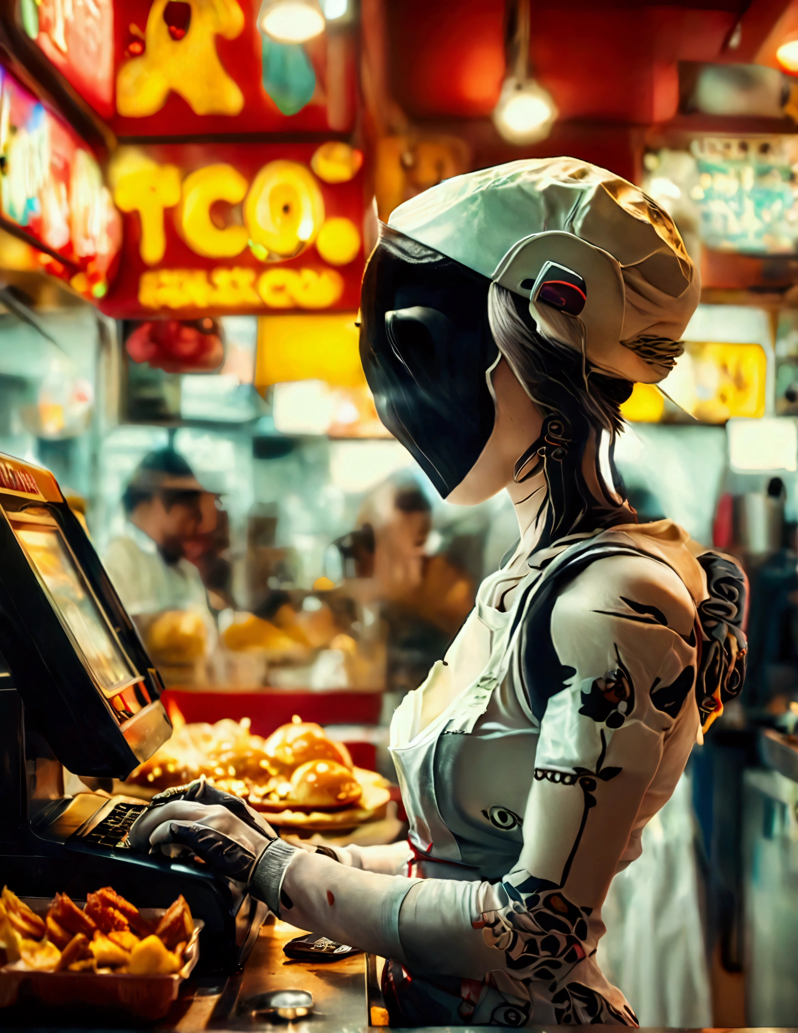 A android fast food worker(cute woman, apron and cap, awkward happy poses), is working the cash register at 'Taco Bell', crowded, busy
