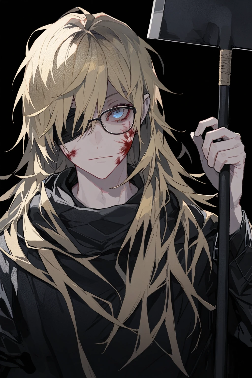 1 guy, blue eyes, wearing a blindfold over one eye, black covers one right eye, blond hair, wears glasses, many scars on his face, long hair disheveled, male build, looks at the viewer, calm face, emotionless face, dressed in a black hoodie, black pants, holds a big axe behind his back, black background, blood on clothes, blood on the cheek, shaded face, detailed, beautiful, delicate tones