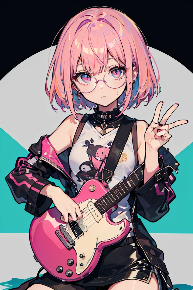 ((1 Girl)), punk, Dark circles in the eyes, Untidy face, peace sign, metal rock, sit, guitar, Cowboy Shot,((Very detailed,Highest quality, High resolution, fell, Sloppy, Lazy and slothful,Indifference, 8k wallpaper, Beautiful clothes,)),((Shortcuts,Diagonal bangs, Pink Hair,Round Glasses)), Sharp eyes, eye shadow, eyeliner,Glowing Eyes, Very detailedな目, Beautiful Eyes, ((Shining Eyes)), 18-year-old girl,Five Fingers
