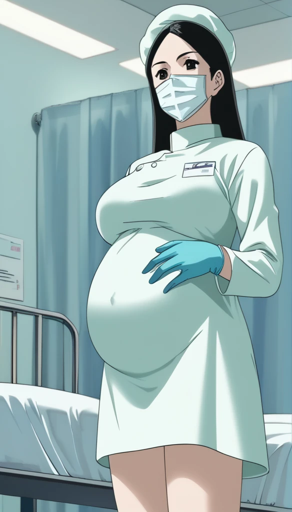 score_9,  score_8_up, score_7_up, source_anime, raw image, masterpiece, highest quality, kasuganoray, pale skin, her eyes are happy, long black hair, big breasts, scrubs, surgical mask, bouffant cap, long sleeve maternity dress, put on another long sleeved coat, seamless, navel head, the dress isn't wrinkled, long white stockings,
1girl, pregnant, solo, long rubber gloves, looking down, furrowed brow, hospital bed, light shines from the ceiling, standing, patient room background, She is inquiring about the patient's condition