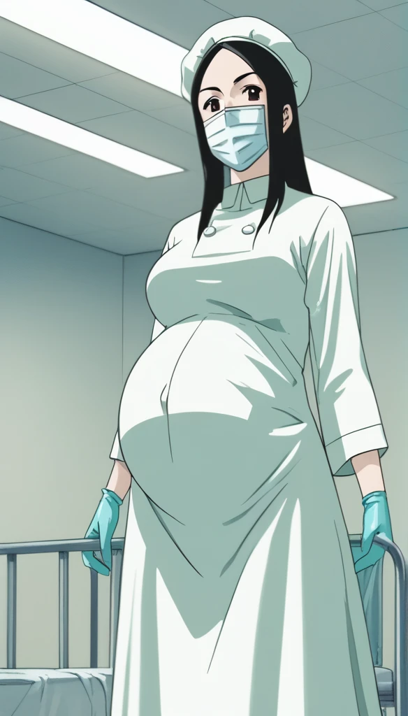 score_9, score_8_up, score_7_up, source_anime, raw image, masterpiece, highest quality, kasuganoray, pale skin, her eyes are happy, long black hair, big breasts, scrubs, surgical mask, bouffant cap, long sleeve maternity dress, put on another long sleeved coat, seamless, navel head, the dress isn't wrinkled, long white stockings,
1girl, pregnant, solo, long rubber gloves, looking down, furrowed brow, hospital bed, light shines from the ceiling, standing, patient room background, She is inquiring about the patient's condition