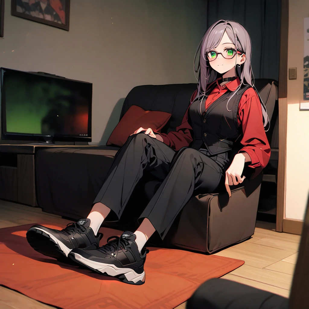(well done: 1) woman, long straight honey-colored hair, green eyes, glasses, black choker, black vest, red long-sleeved shirt under the vest, black pants, black sneakers. sitting in a living room.