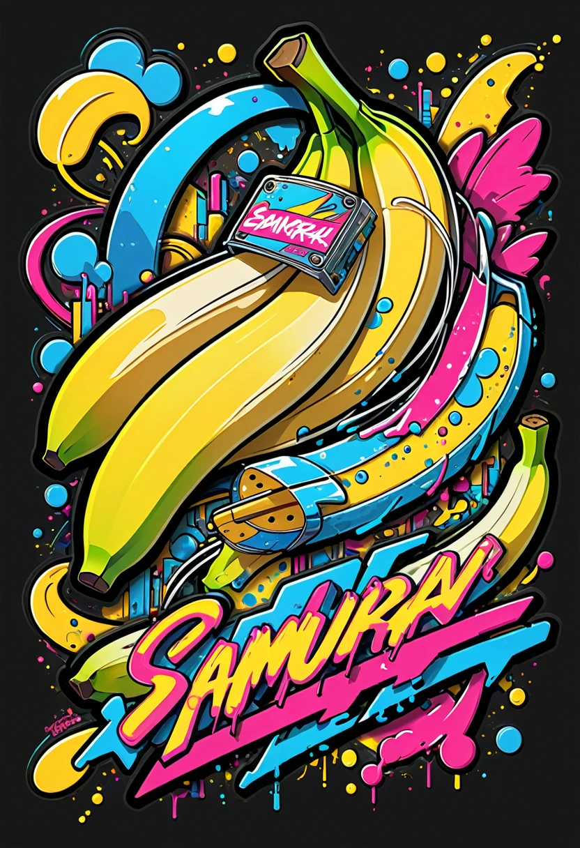 Create a sticker illustration of a banana inspired by the video game Cyberpunk 2077 with a 2D graffiti effect. The sticker should have no background, with only the banana shape and a prominent white outline around the edges. All design elements must be contained within the shape of the banana, and none should extend beyond its edges. The peel of the banana should not be yellow but instead be replaced by the following Cyberpunk 2077 elements, all depicted in a graffiti style:
- A deep matte black base for the peel, symbolizing the dark streets of Night City.
- Blue neon circuit lines running across the banana’s surface, resembling cybernetic implants, with a spray-paint texture.
- The "Samurai" logo near the tip of the banana, designed in a graffiti font and style.
- Stickers of in-game brands like Arasaka and Militech, and gang symbols like "The Moxes", all depicted with a street art aesthetic.
- Modernized tribal tattoo motifs and hacking icons in red and green neon, rendered with a graffiti effect.
- Sections with light effects mimicking the neon lights of Night City, with a pulsating spray-paint effect around the circuits.
- A small, metallic chrome-plated label near the base with the inscription "Cyber Choice" in a graffiti font.
Ensure the design is vibrant, edgy, and high-tech, with the stylized interior capturing the futuristic and dystopian ambiance of Cyberpunk 2077, all within the iconic shape of a banana. All elements must be contained within the banana and not extend beyond its edges.