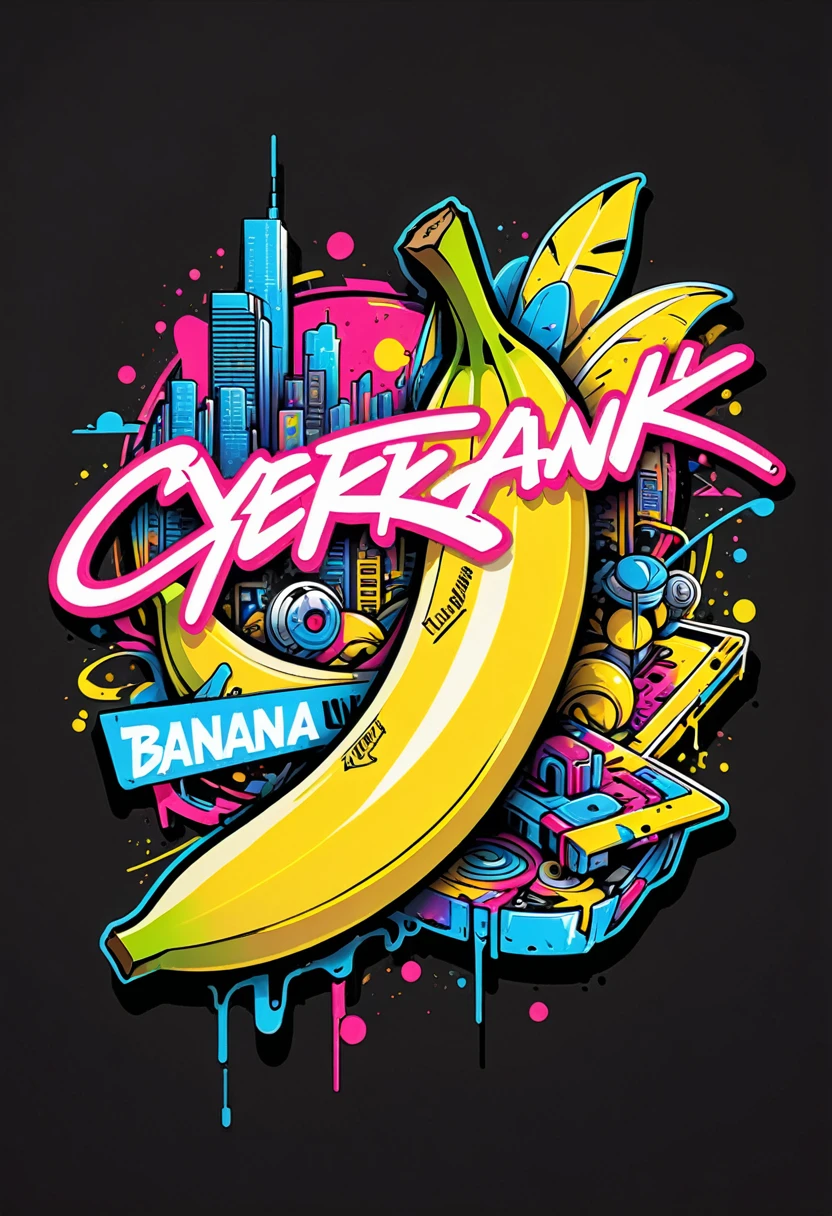 Create a sticker illustration of a banana inspired by the video game Cyberpunk 2077 with a 2D graffiti effect. The sticker should have no background, with only the banana shape and a prominent white outline around the edges. All design elements must be contained within the shape of the banana, and none should extend beyond its edges. The peel of the banana should not be yellow but instead be replaced by the following Cyberpunk 2077 elements, all depicted in a graffiti style:
- A deep matte black base for the peel, symbolizing the dark streets of Night City.
- Blue neon circuit lines running across the banana’s surface, resembling cybernetic implants, with a spray-paint texture.
- The "Samurai" logo near the tip of the banana, designed in a graffiti font and style.
- Stickers of in-game brands like Arasaka and Militech, and gang symbols like "The Moxes", all depicted with a street art aesthetic.
- Modernized tribal tattoo motifs and hacking icons in red and green neon, rendered with a graffiti effect.
- Sections with light effects mimicking the neon lights of Night City, with a pulsating spray-paint effect around the circuits.
- A small, metallic chrome-plated label near the base with the inscription "Cyber Choice" in a graffiti font.
Ensure the design is vibrant, edgy, and high-tech, with the stylized interior capturing the futuristic and dystopian ambiance of Cyberpunk 2077, all within the iconic shape of a banana. All elements must be contained within the banana and not extend beyond its edges.
