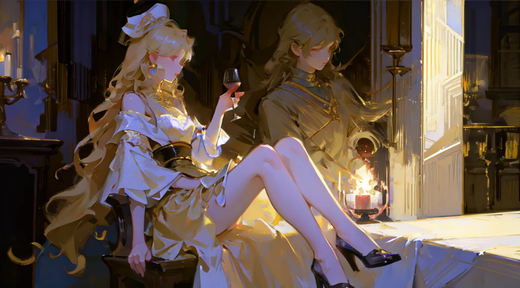 1. ,Pink and white European aristocratic clothing,Tutu,Wide-brimmed hat,Blonde curly long hair,Jewels flying,Wine Glass,ham,Gold ingot,banquet,Interior of the hall,Warm colors,Multiplayer,lively,(Everyone has no face)