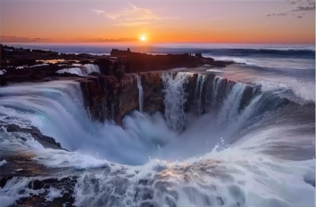 Close-up of the waterfall，Sunset in the background, Amazing depth, incredible depth, Incredibly beautiful, Endless waterfall, the most beautiful image ever seen, Amazingly beautiful, Epic shock, Fascinating, Stunning photography, ( ( ( Kauai ) ) ), ( ( ( ( Kauai ) ) ) ), Stunningly beautiful, stunning photoy, stunning photo, Stunning footage