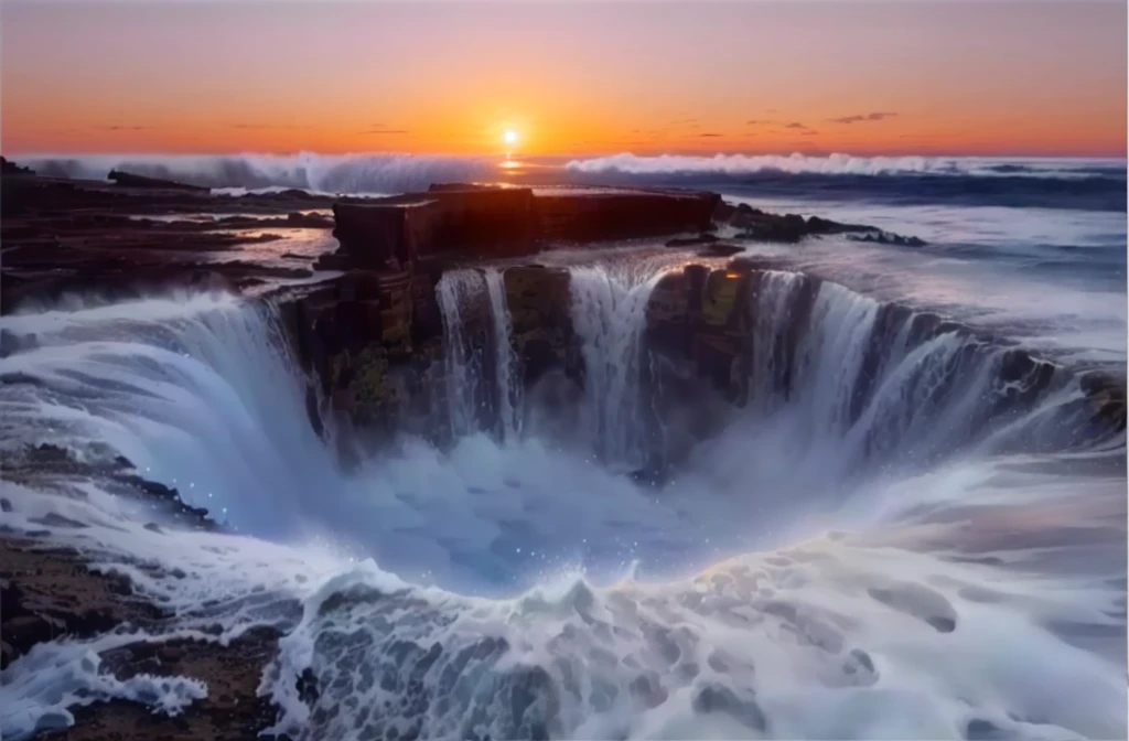 Close-up of the waterfall,Sunset in the background, Amazing depth, incredible depth, Incredibly beautiful, Endless waterfall, the most beautiful image ever seen, Amazingly beautiful, Epic shock, Fascinating, Stunning photography, ( ( ( Kauai ) ) ), ( ( ( ( Kauai ) ) ) ), Stunningly beautiful, stunning photoy, stunning photo, Stunning footage