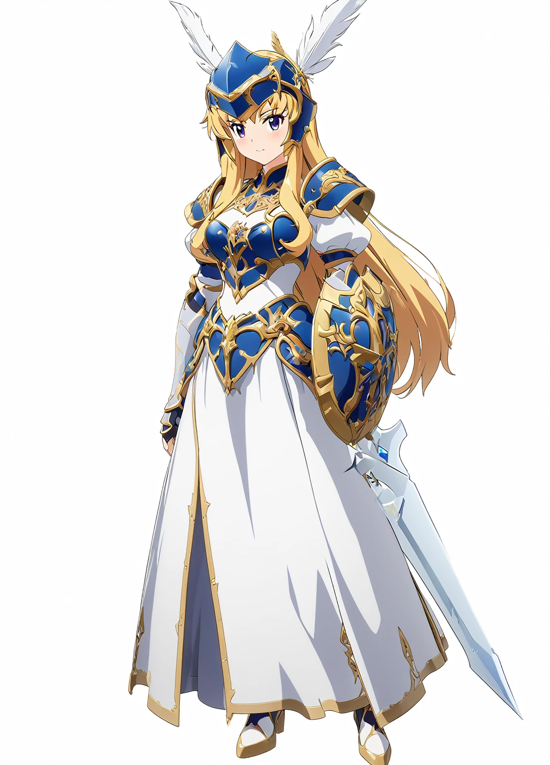 Highest quality, high resolution, High quality game art style, whole body,Valkyrie,Official Art, Smooth game CG art,Cute 3D anime girl render, Visual Novel Sprites, White background,Smooth game CG art, (((Woman with a long spear))),A woman wearing a white dress and blue armor, An intricately designed helmet with white feathers,Small shield, (((Has an exquisite long spear))),Exquisite Blue Armor,Golden Hair, long hair, female knight, Rin々Shii,Large Bust,17 years old,