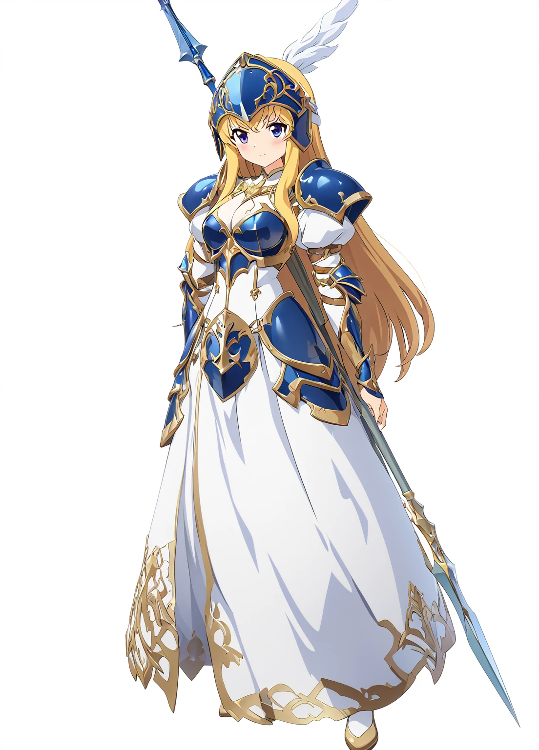 Highest quality, high resolution, High quality game art style, whole body,Valkyrie,Official Art, Smooth game CG art,Cute 3D anime girl render, Visual Novel Sprites, White background,Smooth game CG art, (((Woman with a long spear))),A woman wearing a white dress and blue armor, An intricately designed helmet with white feathers,Small shield, (((Has an exquisite long spear))),Exquisite Blue Armor,Golden Hair, long hair, female knight, Rin々Shii,Large Bust,17 years old,