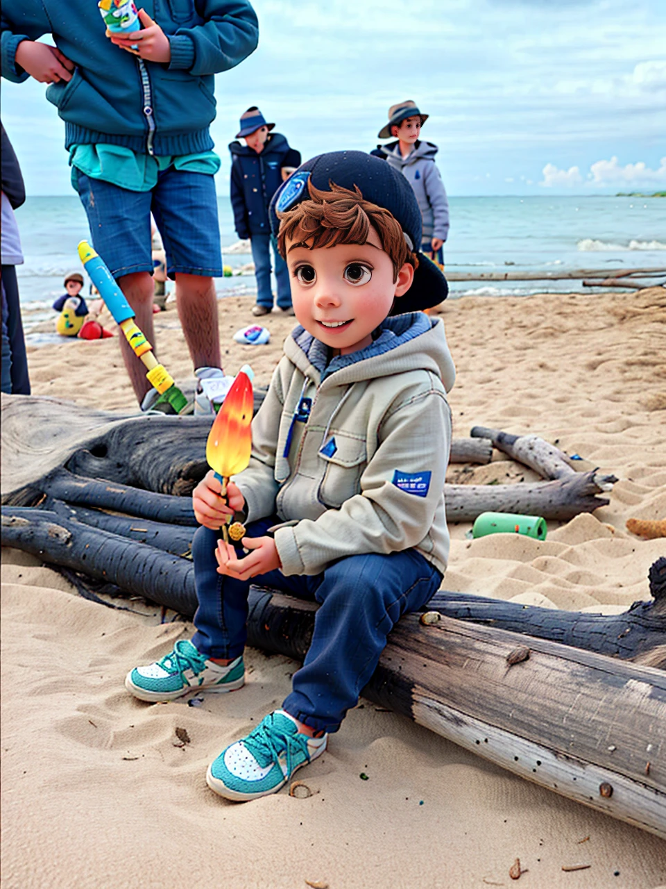 4 year old boy sitting on a log on a beach, eating a rocket lollipop. Wearing a hat.