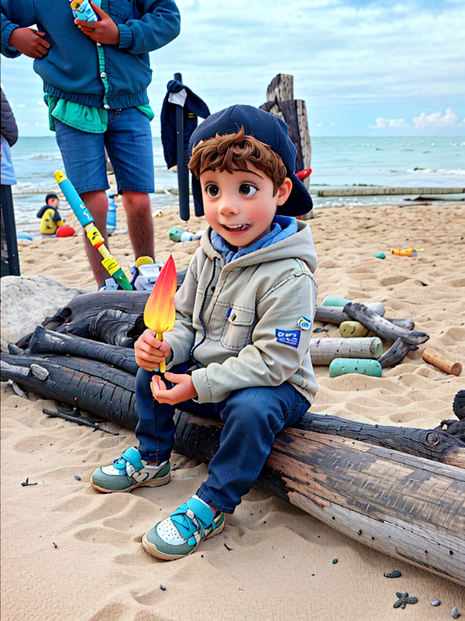 4 year old boy sitting on a log on a beach, eating a rocket lollipop. Wearing a hat.