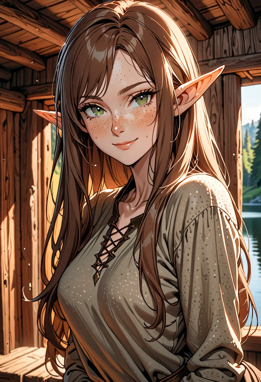 solo, female, elf, huge pointed ears, medium breasts, long hair, brown hair, dark green eyes, freckles, medieval, sweat, come hither, close up, sexy pose, lake, forest, onlyfans, sackcloth shirt, inside cabin, gentle smile, tall, slender,