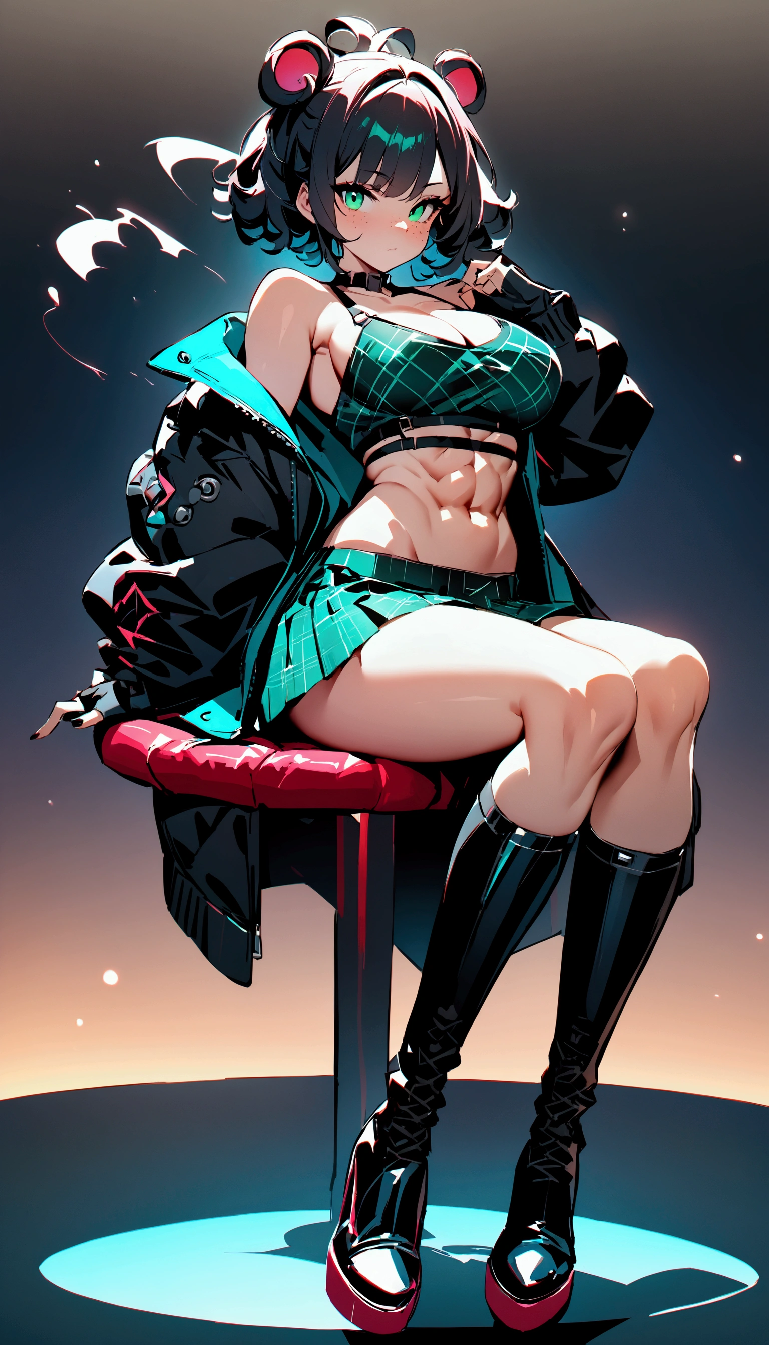 woman, curly red pixie cut hair, green eyes, wearing crop top black shirt, long black jacket, red plaid skirt, (black knee high boots), black fingerless gloves, exposed shoulders, (full body), large breasts freckles, cleavage, abs, looking at viewer, masterpiece, best quality, an14, Holo-Punk Style