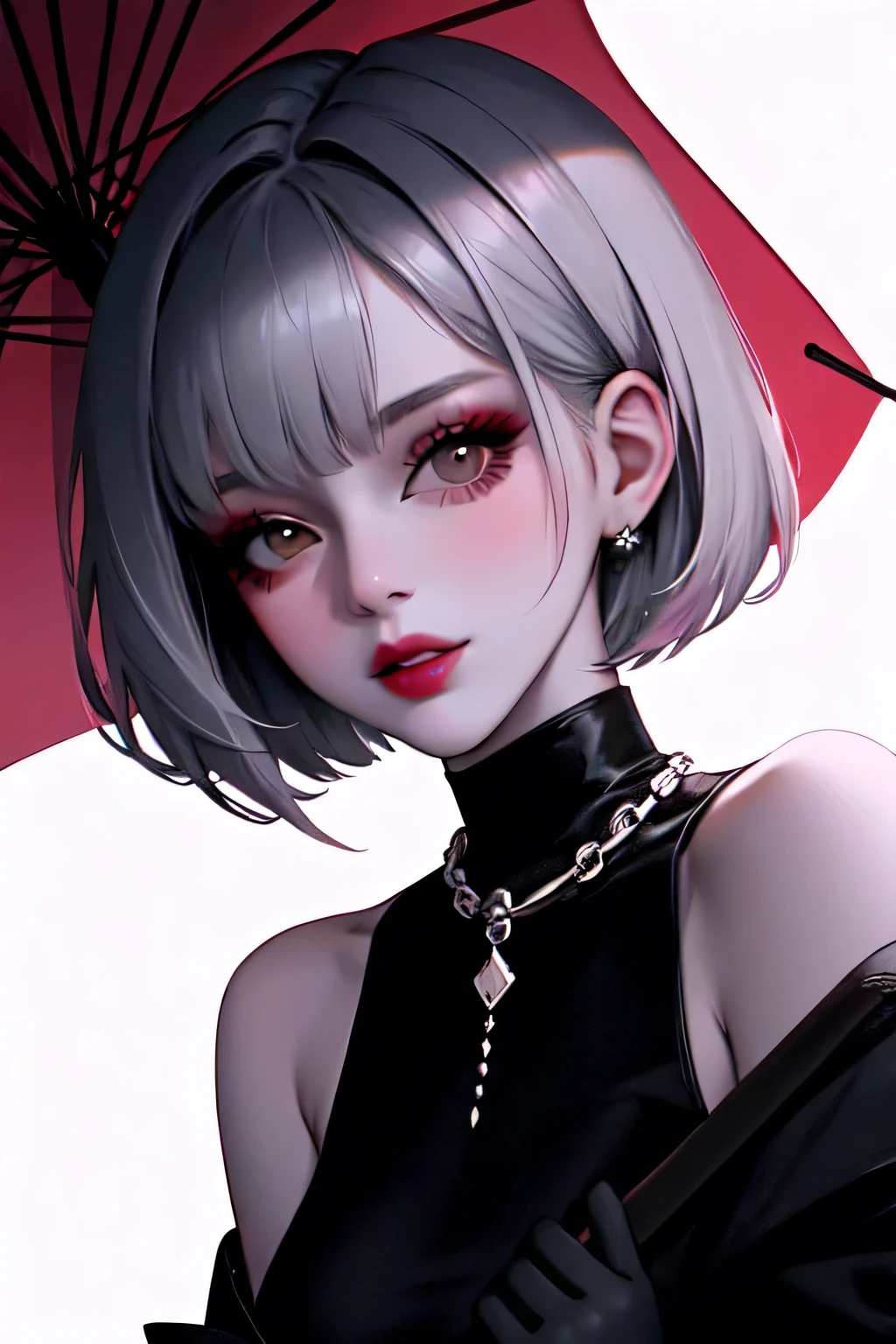 1 girl looking down, pink lips, short hair, black dress with black gloves, grabbing a black umbrella, neckline, make up, monochrome, White background, neckline, collar, Upper part of the body, direct color, hair over the shoulder,Dark theme,bright,bright skin,mqmf,(mature woman:1.2),