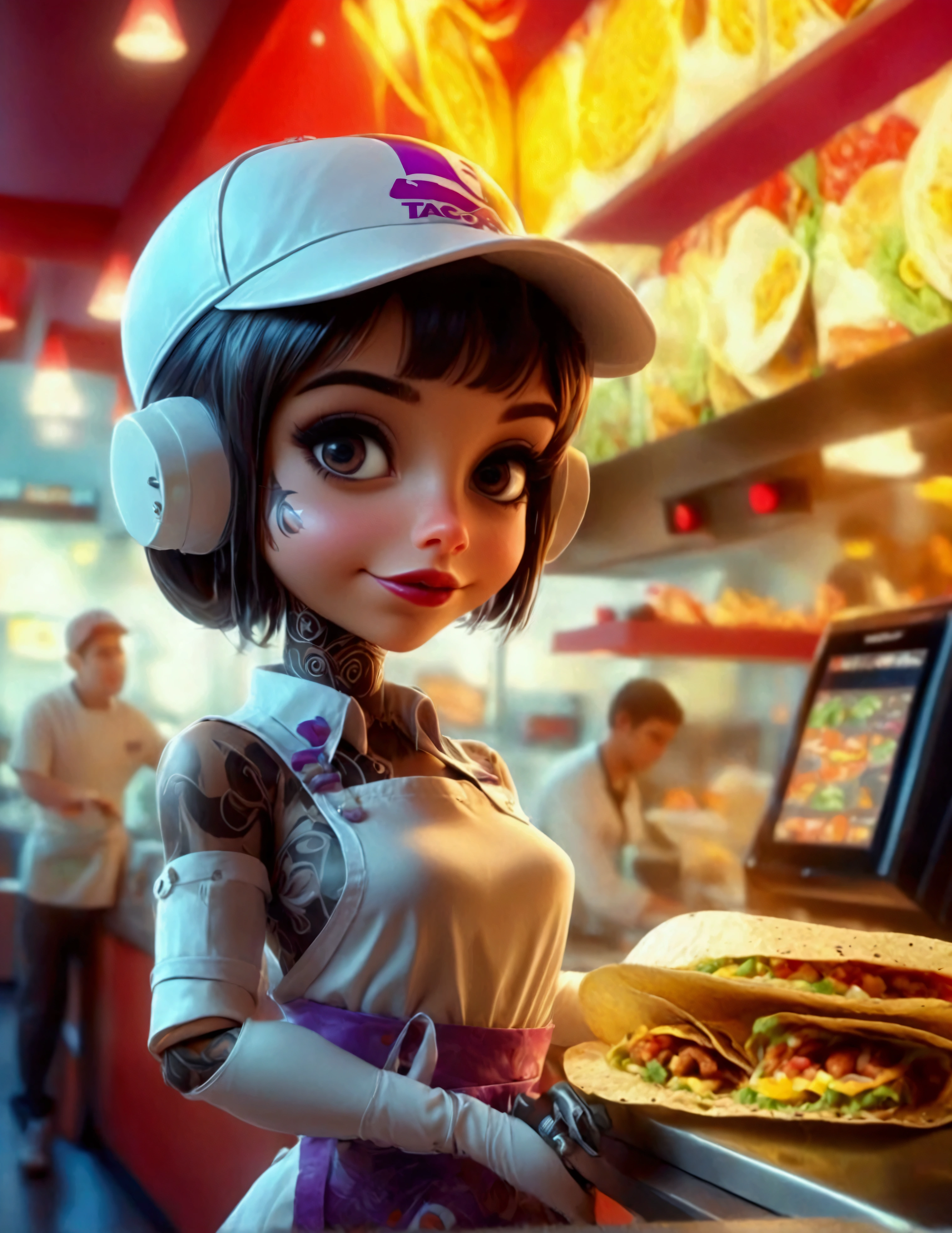 A cute android fast food worker in an apron and cap, awkwardly happy poses, working the cash register at a crowded, busy Taco Bell, 1girl, detailed face, detailed eyes, detailed lips, hyperrealistic, studio lighting, 8k, extremely detailed, intricate, highly detailed, photorealistic, digital art, concept art, vibrant colors, warm lighting