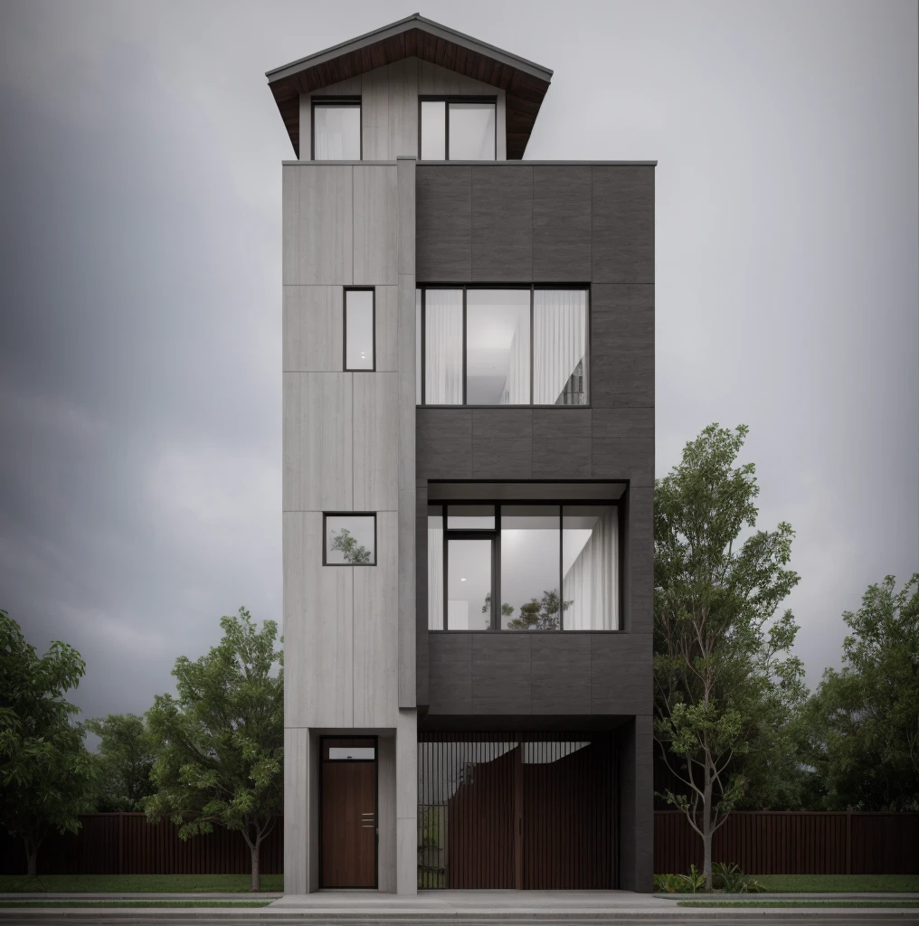 exterior of house, modern, townhouse, Modern house gate, minimalistic, the house is located in an urban area of Hanoi Vietnam, wall concrete gray and wood, facing the road, plant and tree, sidewalks, sidewalk trees, corona render, 3ds max, wide view, overcast sky, a moody foggy environment, sunny cinematic, natural light