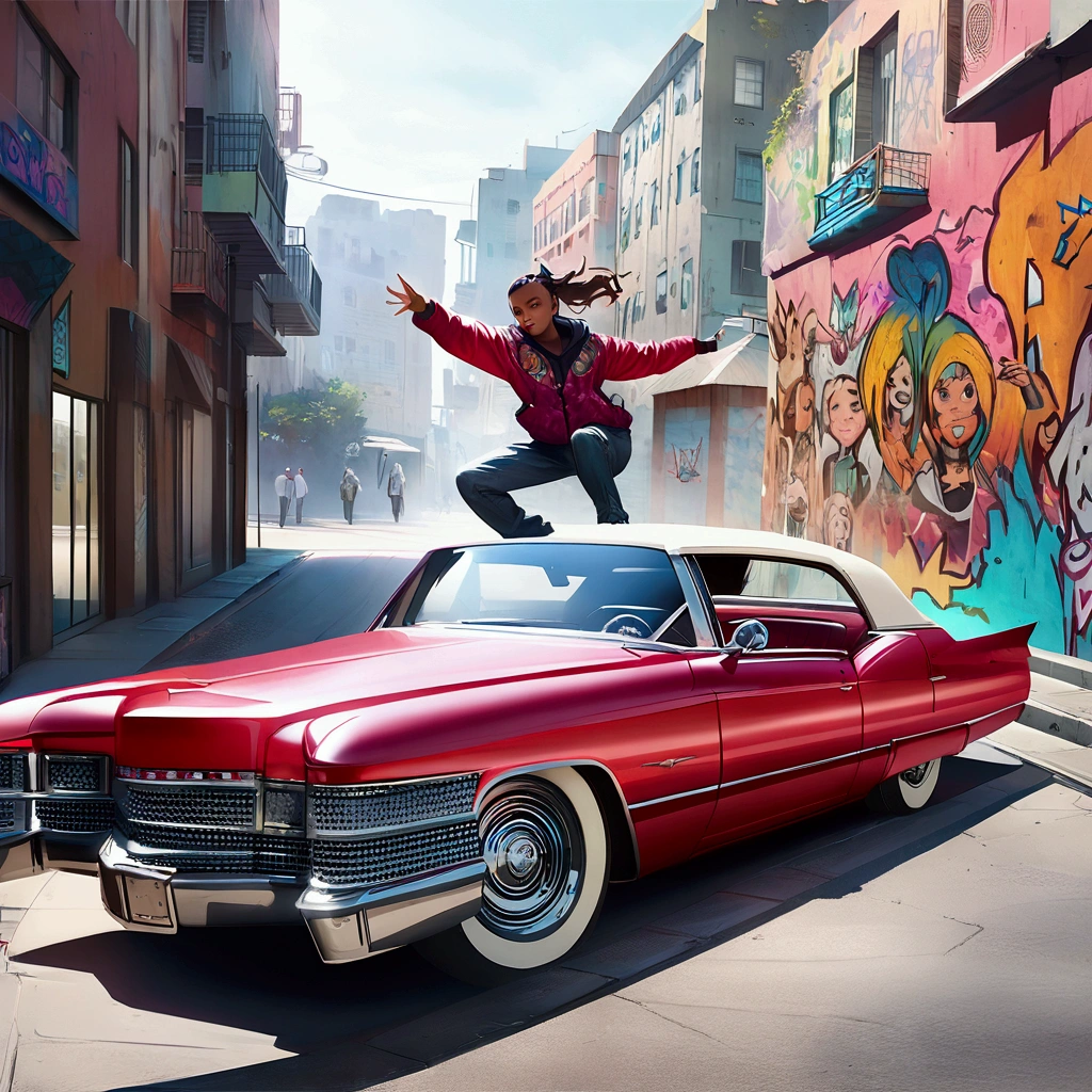Vibrant urban scene, Kendrick Lamar-inspired character, dynamic pose, intricate lowrider Cadillac, street setting, graffiti-covered walls, bustling city backdrop, realistic animation, detailed linework, bold colors, hip-hop culture vibes, energetic atmosphere, urban art style, digital illustration, lively and expressive, artistically stylized, dramatic lighting effects, Artstation. AKIRA ANIME,