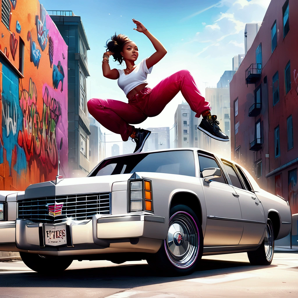 Vibrant urban scene, Kendrick Lamar-inspired character, dynamic pose, intricate lowrider Cadillac, street setting, graffiti-covered walls, bustling city backdrop, realistic animation, detailed linework, bold colors, hip-hop culture vibes, energetic atmosphere, urban art style, digital illustration, lively and expressive, artistically stylized, dramatic lighting effects, Artstation. AKIRA ANIME,