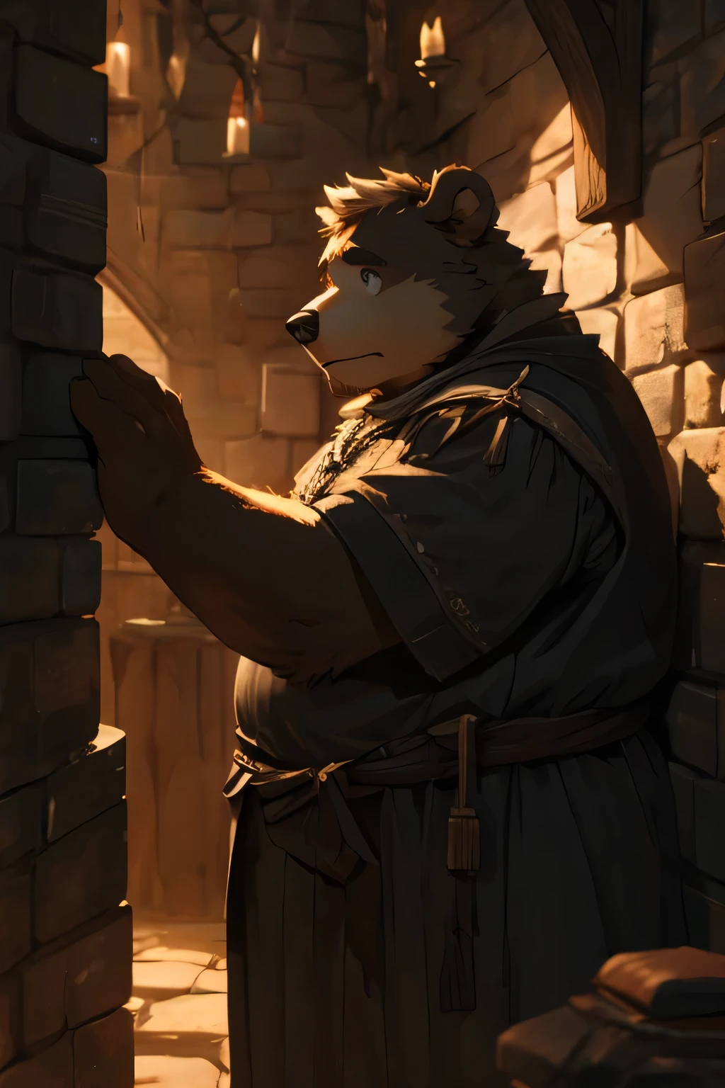In the dungeon,Cute overweight bear hiding behind the wall,Dark Environment,Medieval style,Nervous expression,