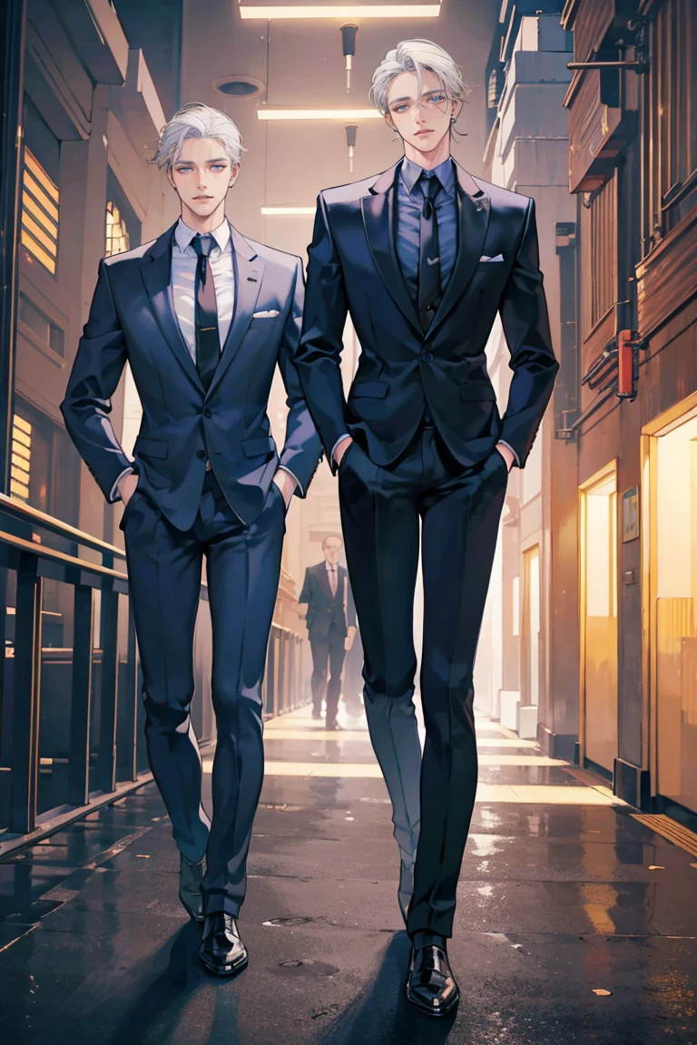 (masterpiece), best quality, seductive eyes, perfect face, handsome man, blue eyes, long slicked back white hair, long nose, tan brown skin, business suit, black necktie, extremely tall man, long legs, long calves, full body, tall man, long legs, anime cover, 1boy, ear piercings, hands in pockets, adult-like look, cafe background
