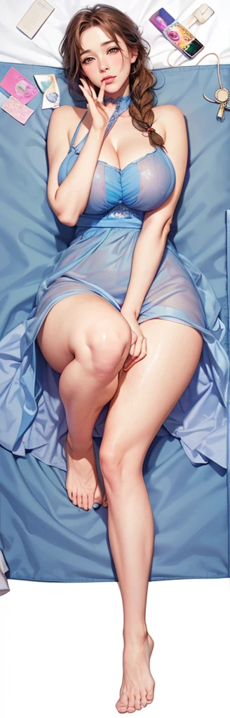 manhwa, masterpiece, high resolution, Best quality at best, masterpiece, quality, Best quality, Exquisite facial features, looking at viewer, High quality, masterpiece, 1milf, middle-aged woman, middle-aged woman with a very beautiful face, detailed face, embarrassed facial expression, blush brown hair, single braid, looking at viewer, lying on bed, full body potrait, blue dress, see through, large breasts, sexy curvy female body, detailed female body, blue hair tie, ultra high res.photo realistic: 1.4, UDH