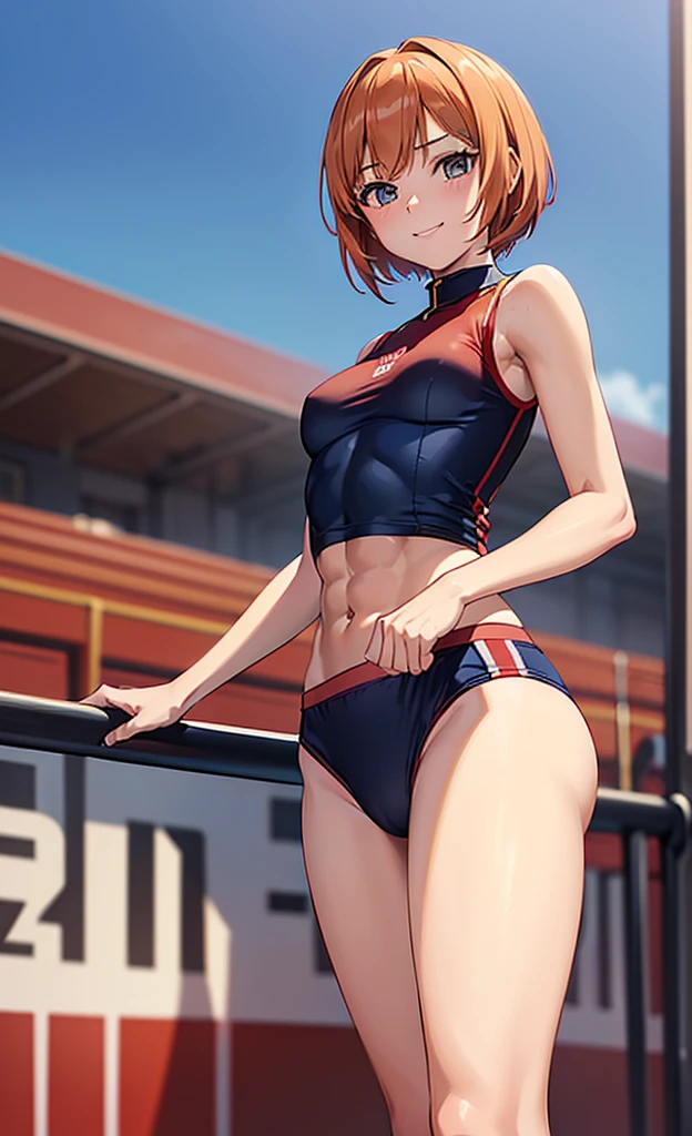 masterpiece, best quality, ultra detailed, ultra high resolution, very detailed face, solo, ((anime)), 20 years old girl, (((from below))), (((crimson track uniform, sleeveless))), ((navy bloomer)), ((golden short hair)), (((medium breast))), (six pack abs:1.2), ((little smile)), standing at the track field
