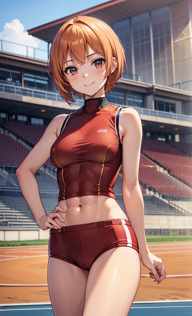 masterpiece, best quality, ultra detailed, ultra high resolution, very detailed face, solo, ((anime)), 20 years old girl, (((from below))), (((crimson track uniform, sleeveless))), ((navy bloomer)), ((golden short hair)), (((medium breast))), (six pack abs:1.2), ((little smile)), standing at the track field