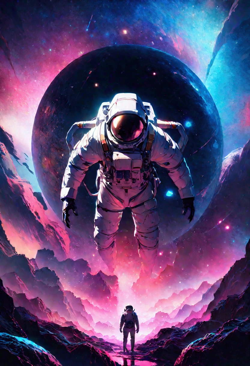 an astronaut standing in a lush field, nomanssky style wallpaper, 4K high resolution concept art beautiful masterpiece,abstract dream, space, intricate, large scale, alone, cinematic film still, Insane detail, sharp focus, depth of field , realistic lighting, (realistic perspective), complex, (multiple subjects), 4k HDR,