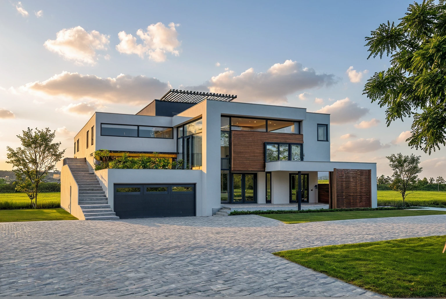 Masterpiece, high quality, best quality, authentic, super detail, outdoors, onestoreyvillaXL, aiaigroup, house style modern on the street ,stairs, white wall ,road,pavement, grass, trees, sky, cloud, (daylight:1.1)
