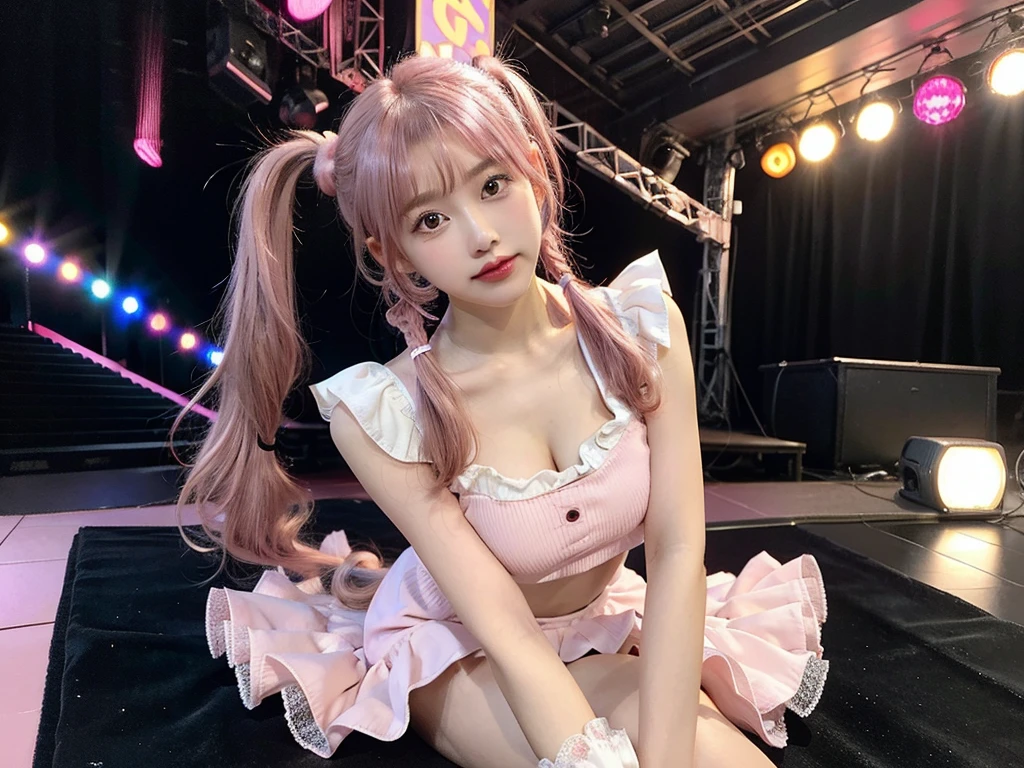Shot with a top-of-the-line camera. highest quality, ultra-detailed, intricately detailed, high resolution, 8k, One woman. (very large breasts:1.3), A youthful look of about 15 years old. Slim and well-proportioned, (pink hair in twintails:1.3), fair skin. She is wearing a pink frilled mini-skirt dress. She is singing on the stage of a live venue, illuminated by the many lights of the live show.