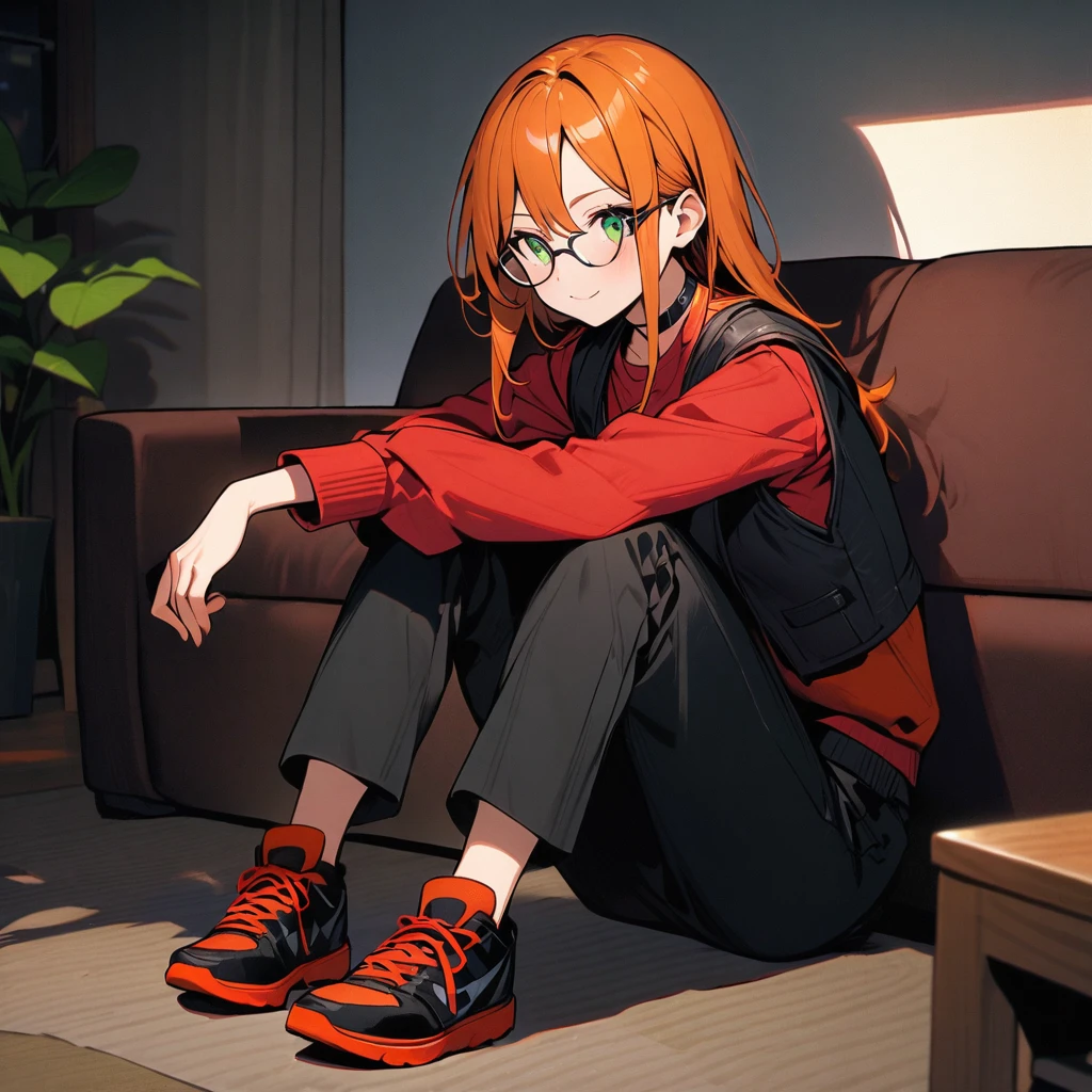 (well done: 1) one woman, long straight orange hair, green eyes, glasses, black choker, black vest, red long-sleeved shirt under the vest, black pants, black sneakers. sitting in a living room.