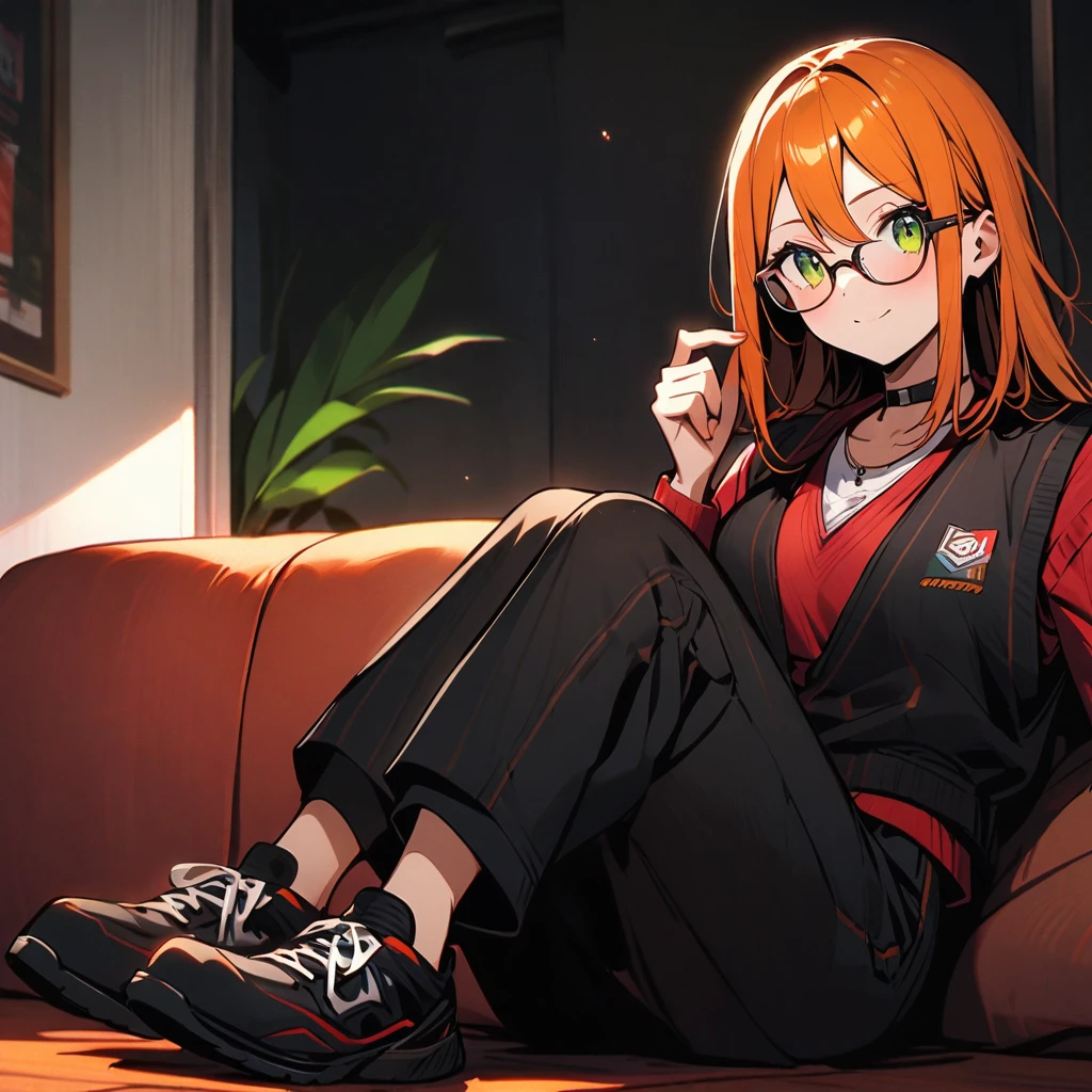 (well done: 1) one woman, long straight orange hair, green eyes, glasses, black choker, black vest, red long-sleeved shirt under the vest, black pants, black sneakers. sitting in a living room.