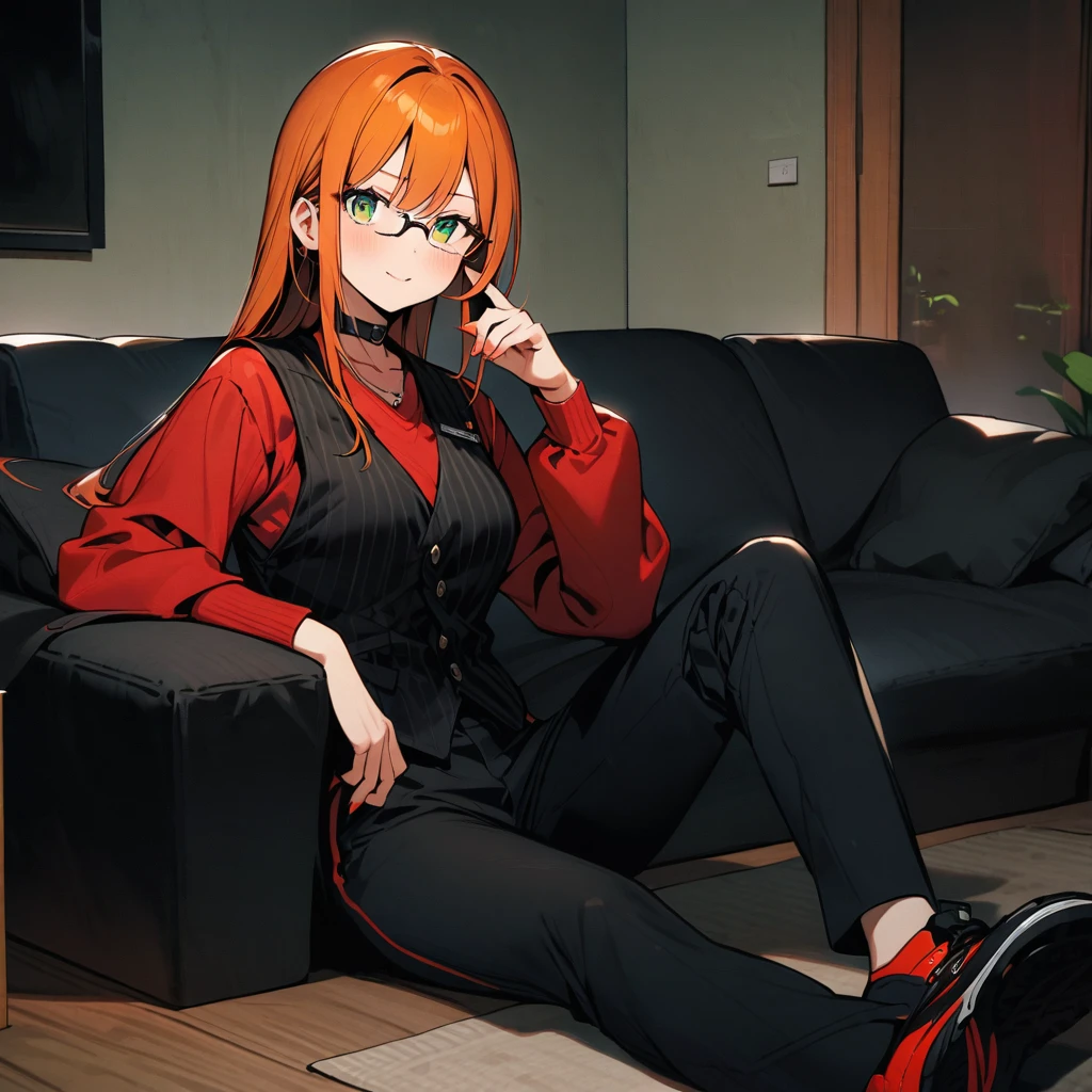 (well done: 1) one woman, long straight orange hair, green eyes, glasses, black choker, black vest, red long-sleeved shirt under the vest, black pants, black sneakers.  sitting in a living room.