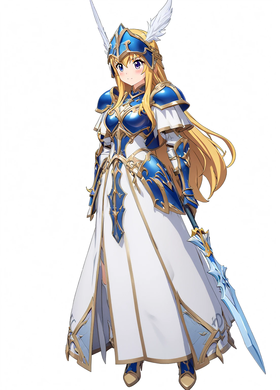 Highest quality, high resolution, High quality game art style, whole body,Valkyrie,Official Art, Smooth game CG art,Cute 3D anime girl render, Visual Novel Sprites, White background,Smooth game CG art, (((Woman with a long spear))),A woman wearing a white dress and blue armor, An intricately designed helmet with white feathers,Small shield, (((Has an exquisite long spear))),Exquisite Blue Armor,Golden Hair, long hair, female knight, Rin々Shii,Large Bust,17 years old,