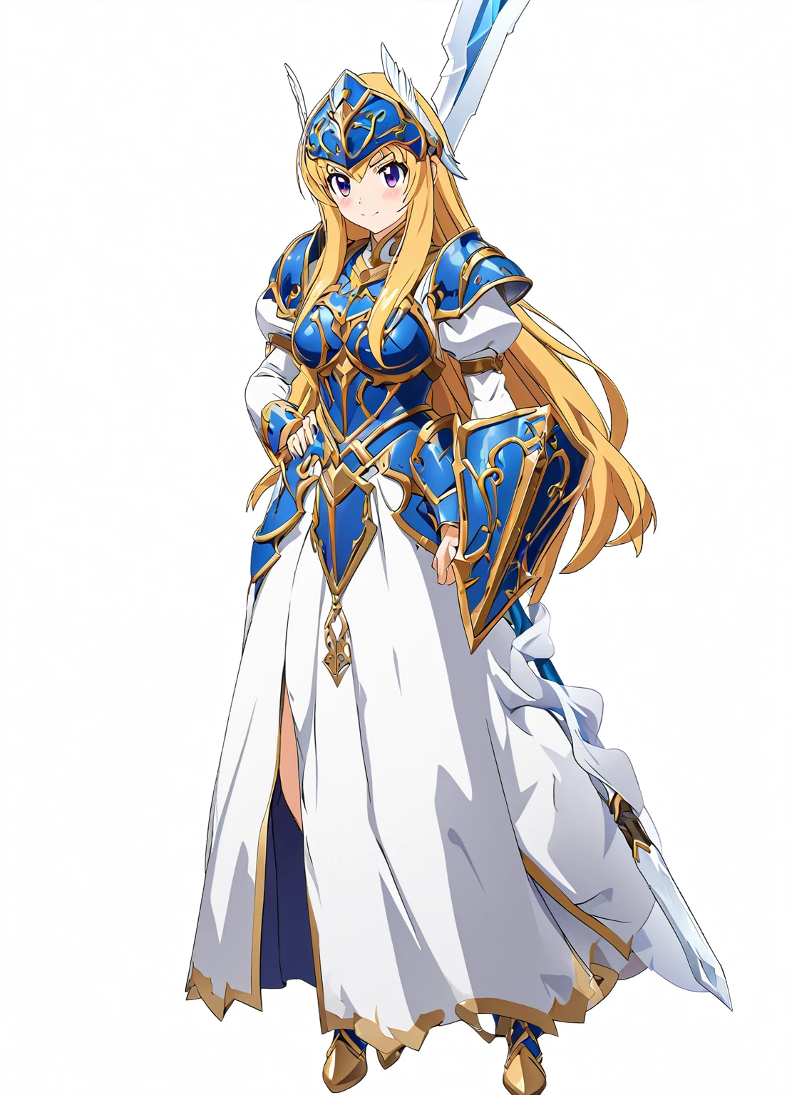 Highest quality, high resolution, High quality game art style, whole body,Valkyrie,Official Art, Smooth game CG art,Cute 3D anime girl render, Visual Novel Sprites, White background,Smooth game CG art, (((Woman with a long spear))),A woman wearing a white dress and blue armor, An intricately designed helmet with white feathers,Small shield, (((Has an exquisite long spear))),Exquisite Blue Armor,Golden Hair, long hair, female knight, Rin々Shii,Large Bust,,