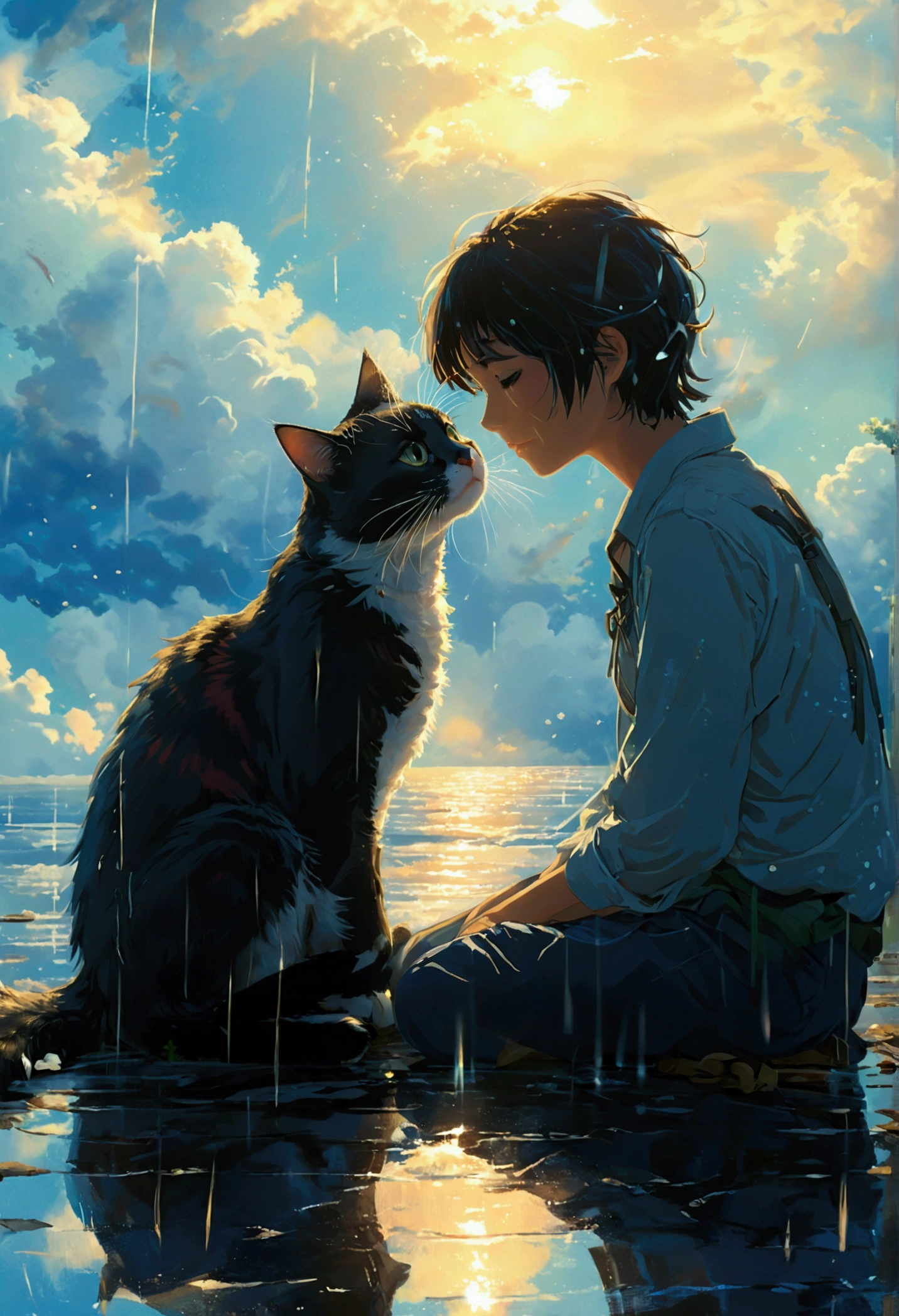 Makoto Shinkai Taste, Beautiful sky, Reflection of light, Cat,Hair fluttering in the wind, Romantic scenery after the rain, Healing scenes, Light pours in,