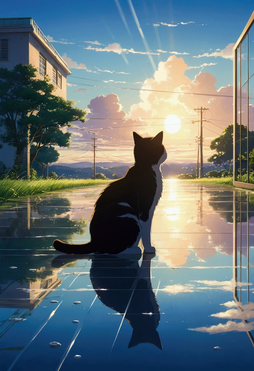 Makoto Shinkai Taste, Beautiful sky, Reflection of light, Cat,Hair fluttering in the wind, Romantic scenery after the rain, Healing scenes, Light pours in,