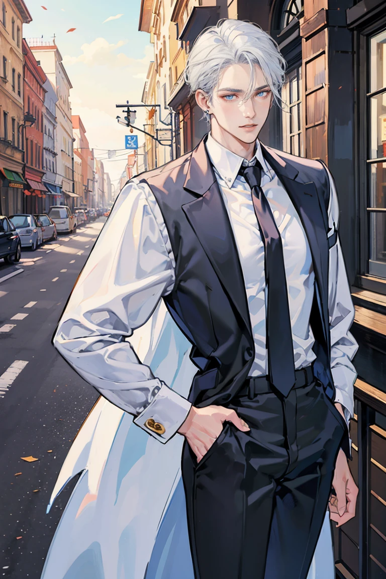 (masterpiece), best quality, seductive eyes, perfect face, handsome man, blue eyes, long slicked back white hair, long nose, tan brown skin, business suit, black necktie, extremely tall man, long legs, long calves, full body, tall man, long legs, anime cover, 1boy, ear piercings, hands in pockets, adult-like look, cafe background