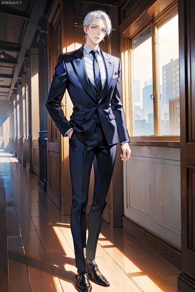 (masterpiece), best quality, seductive eyes, perfect face, handsome man, blue eyes, long slicked back white hair, long nose, tan brown skin, business suit, black necktie, extremely tall man, long legs, long calves, full body, tall man, long legs, anime cover, 1boy, ear piercings, hands in pockets, adult-like look, cafe background