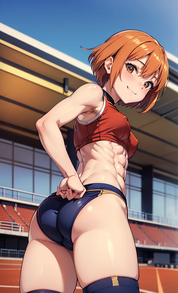 masterpiece, best quality, ultra detailed, ultra high resolution, very detailed face, solo, ((anime)), 20 years old girl, (((from below))), (((crimson track uniform, sleeveless))), ((navy bloomer)), ((golden short hair)), (((medium breast))), (six pack abs:1.2), ((little smile)), standing at the track field