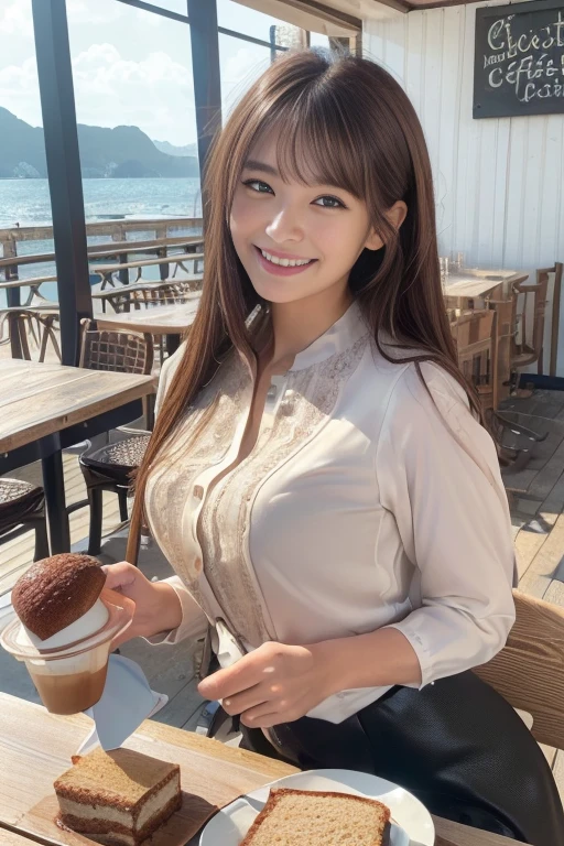 8K, (Best image quality:1.60), ((Realistic photos)), (One Woman:1.33),Beautiful expression, (Fine grain:1.5), (iris:1.4), (Detailed face:1.7), (cute日本人の顔), (Big smile:1.5), (Shiny Hair:1.4), (A little brown hair:1.2), ((High resolution)), RAW Photos, (Order coffee and cake at a seaside cafe:1.3)、(Blouse Shirt:1.4), Wearing a skirt, The skirt is knee-length, (It's a little dark in the evening), Looking into the camera, Age 24, cute, long hair, (Large Breasts:1.2), (Big Ass:1.3), Toned body, Small waist, There is a yacht in the background, (Sitting on a chair:1.3), (Has cleavage:1.2), (Take a picture of your whole body:1.3):1.1, Keep your nose small, (I can see a little bit of her panties), (from below:1.2),